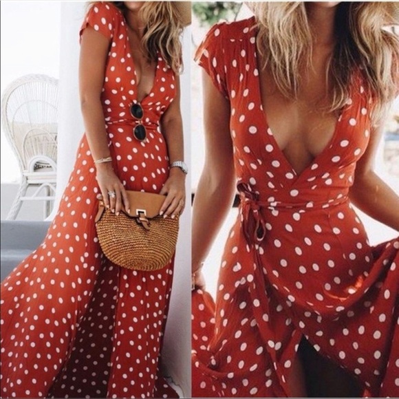 ☀️SOLD OUT🆕BohoMaxi “Cinnamon” PolkaDot WrapDress NWT☀️ - Picture 1 of 8